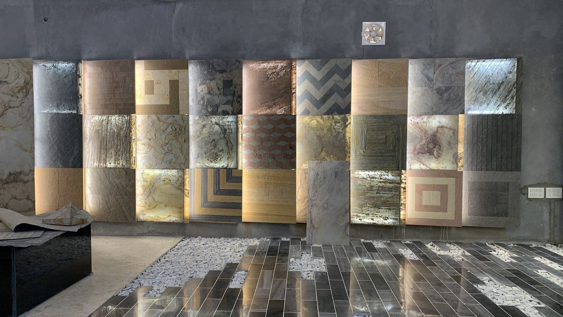 Stone sample wall with backlit slabs