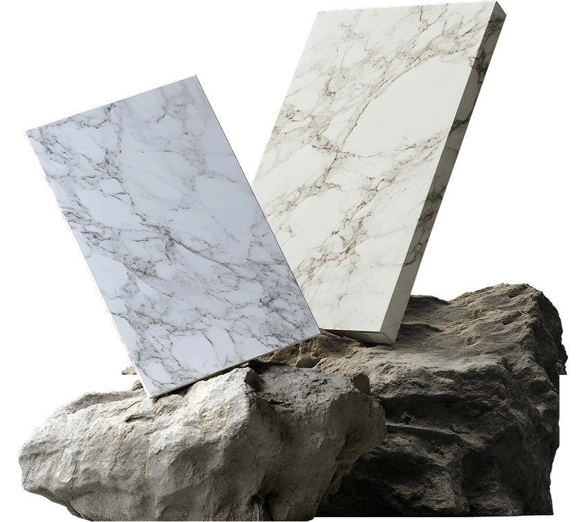 Two polished marble slabs resting against a quarry boulder